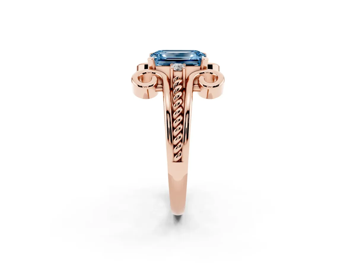 Fancy Blue Emerald Cut Solitaire Twisted Band Scroll Prong Ring Rose gold