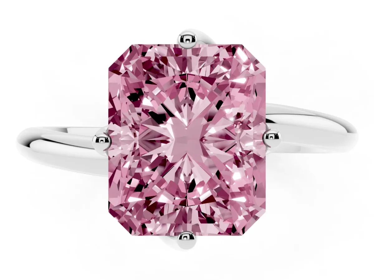 Fancy Pink Radiant Cut Diamond Solitaire Engagement Ring with Four-Prong Setting and Classic Band Silver
