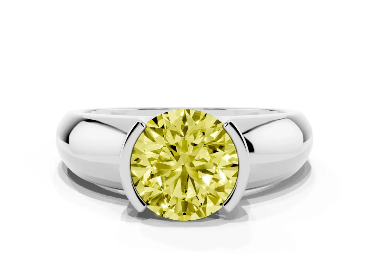 Fancy Yellow Round Cut Solitaire Tension Set Diamond Ring with Wide Band Platinum