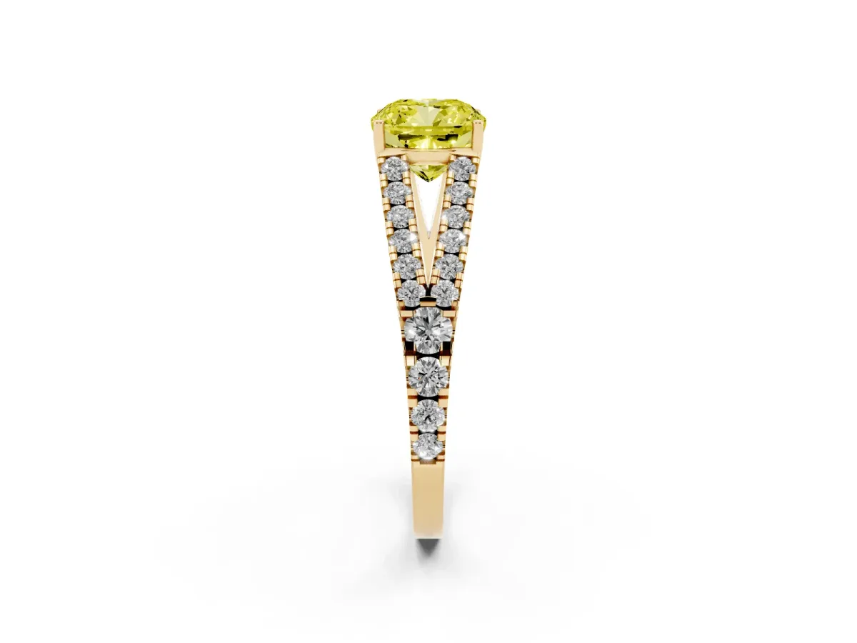 Fancy Yellow Cushion Cut Diamond Split Shank Engagement Ring with Round Pavé and Prong Setting Yellow gold