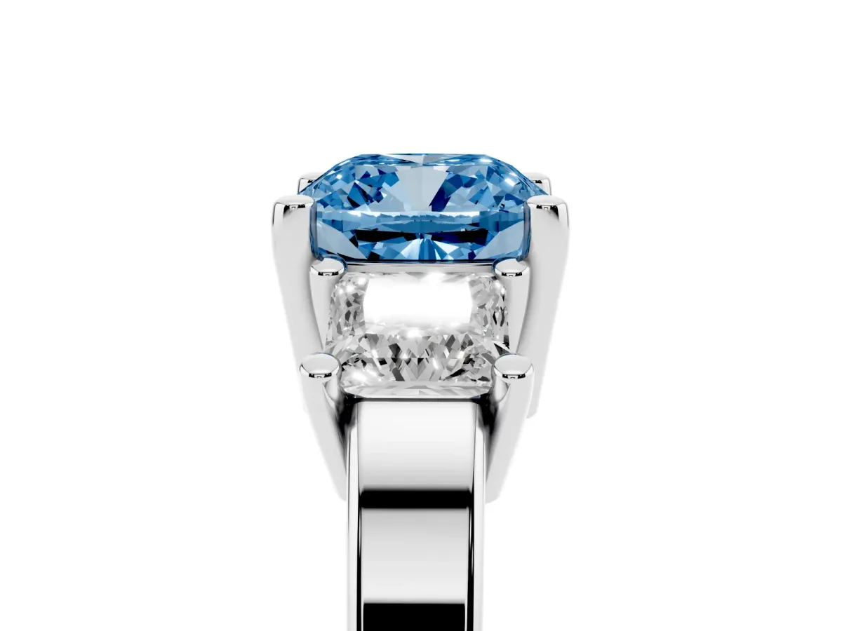 Fancy Blue Three-Stone Cushion Cut Cut Solitaire Ring with Prong Setting Platinum