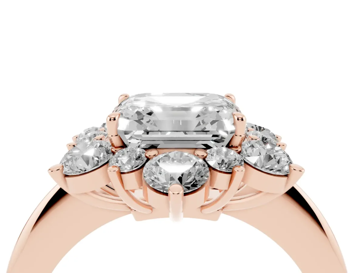 Asscher Cut Diamond Cluster Halo Ring with Solitaire Band and Four-Prong Setting Rose gold