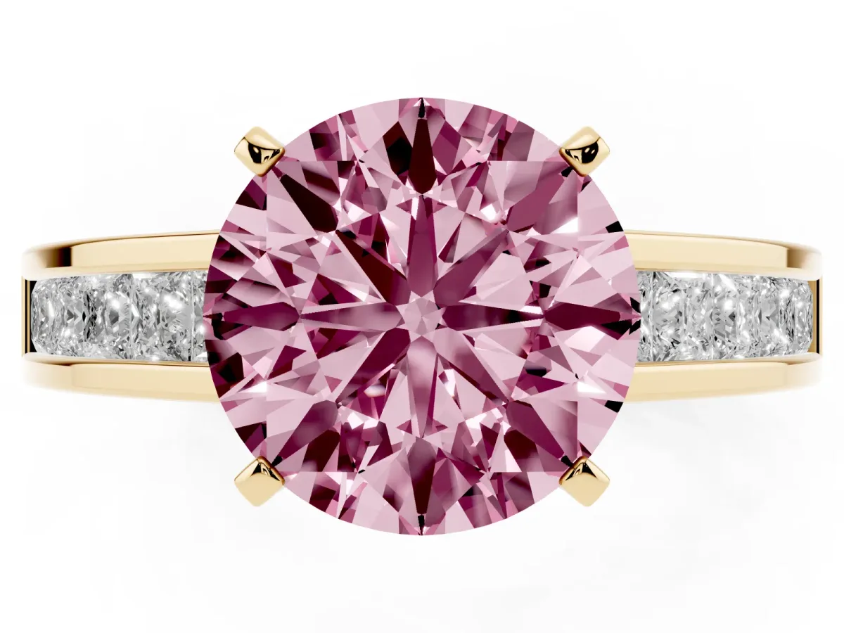 Fancy Pink Round Cut Solitaire Diamond Ring with Channel-Set Band and Four-Prong Setting Yellow gold