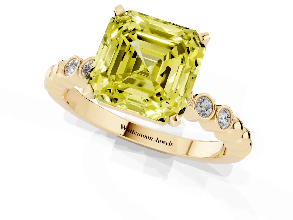 Fancy Yellow Asscher Cut Solitaire Bezel Accent Diamond Engagement Ring with Beaded Band and Four-Prong Setting Yellow gold