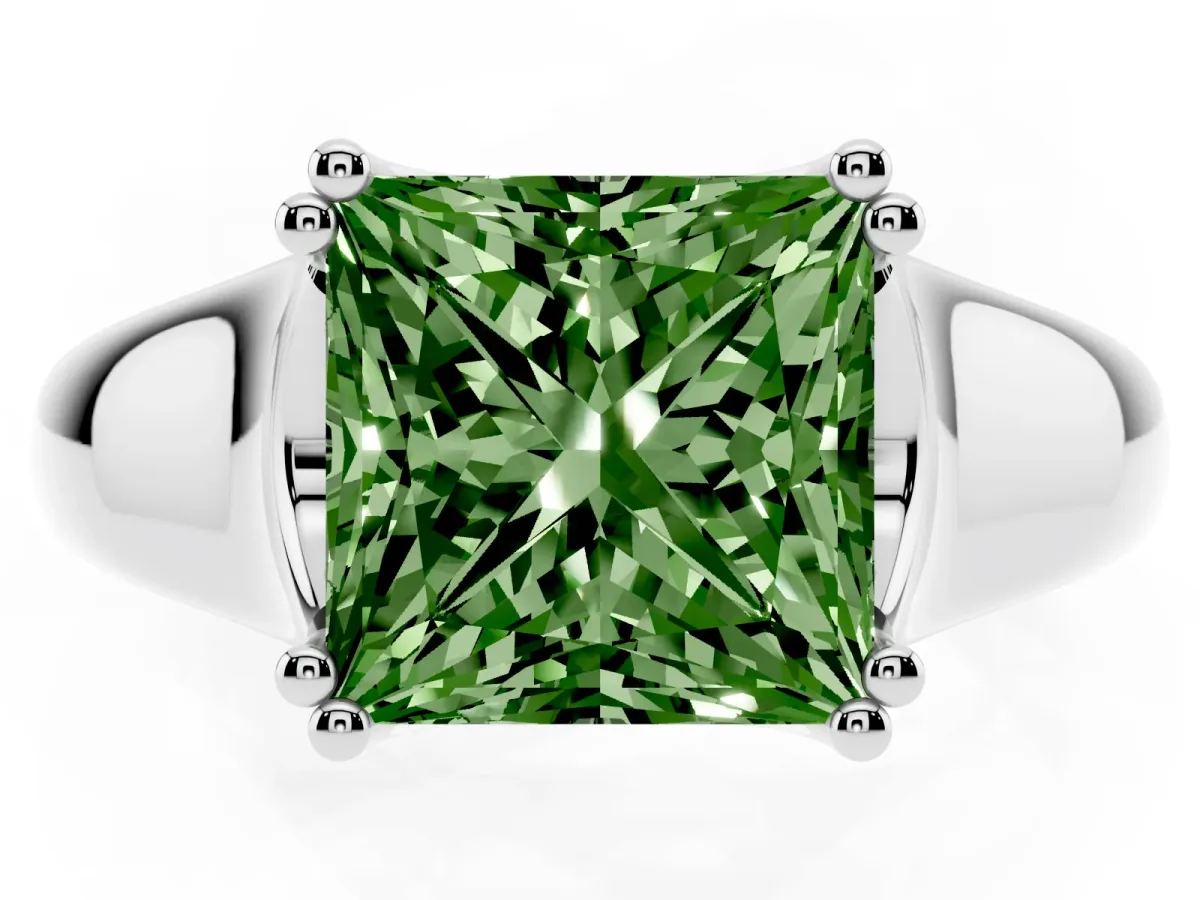 Fancy Green Princess Cut Diamond Solitaire Ring with Wide Band and Prong Setting White gold