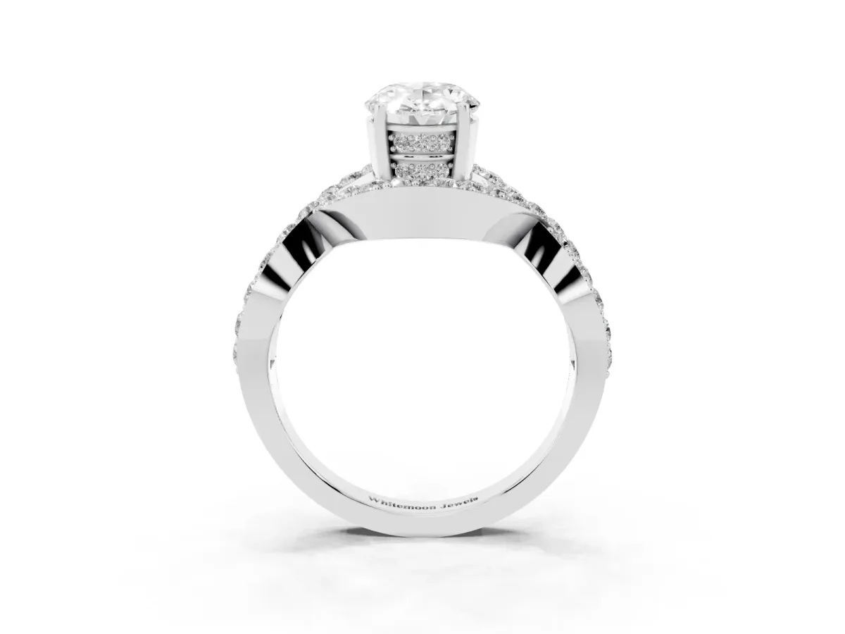 Oval Cut Solitaire Twist Band Pavé Diamond Engagement Ring Silver