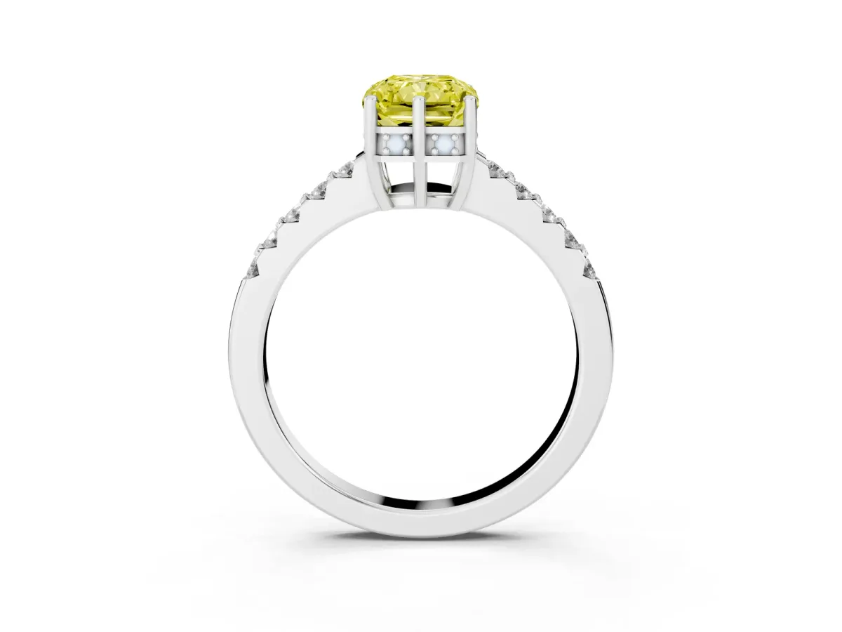 Fancy Yellow Radiant Cut Solitaire Diamond Engagement Ring with Pavé Band and Six-Prong Setting White gold