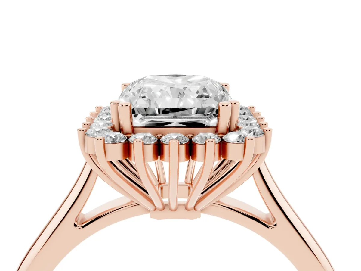 Radiant Cut Cut Diamond Halo Ring with Solitaire Band and Prong Setting Rose gold