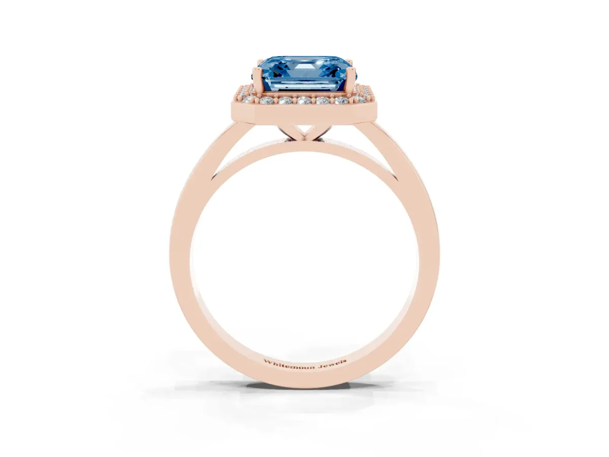Fancy Blue Asscher Cut Halo Diamond Ring with Solitaire Band and Prong Setting Rose gold