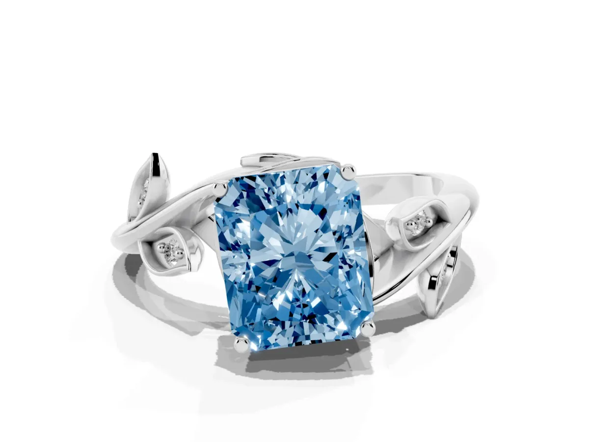 Fancy Blue Radiant Cut Solitaire Twist Engagement Ring with Leaf Accents and Prong Setting White gold
