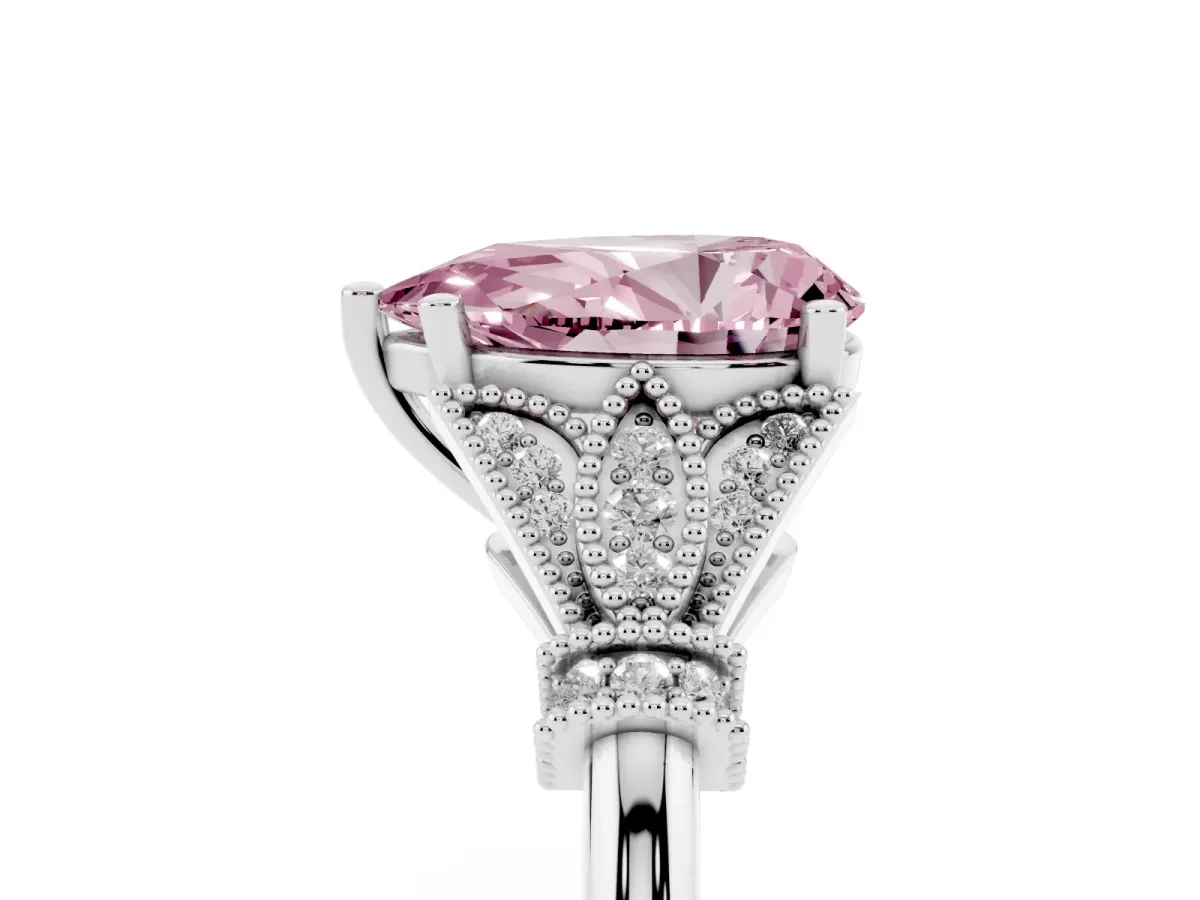 Fancy Pink Pear Cut Diamond Solitaire Ring with Floral Filigree and Pave Accents White gold