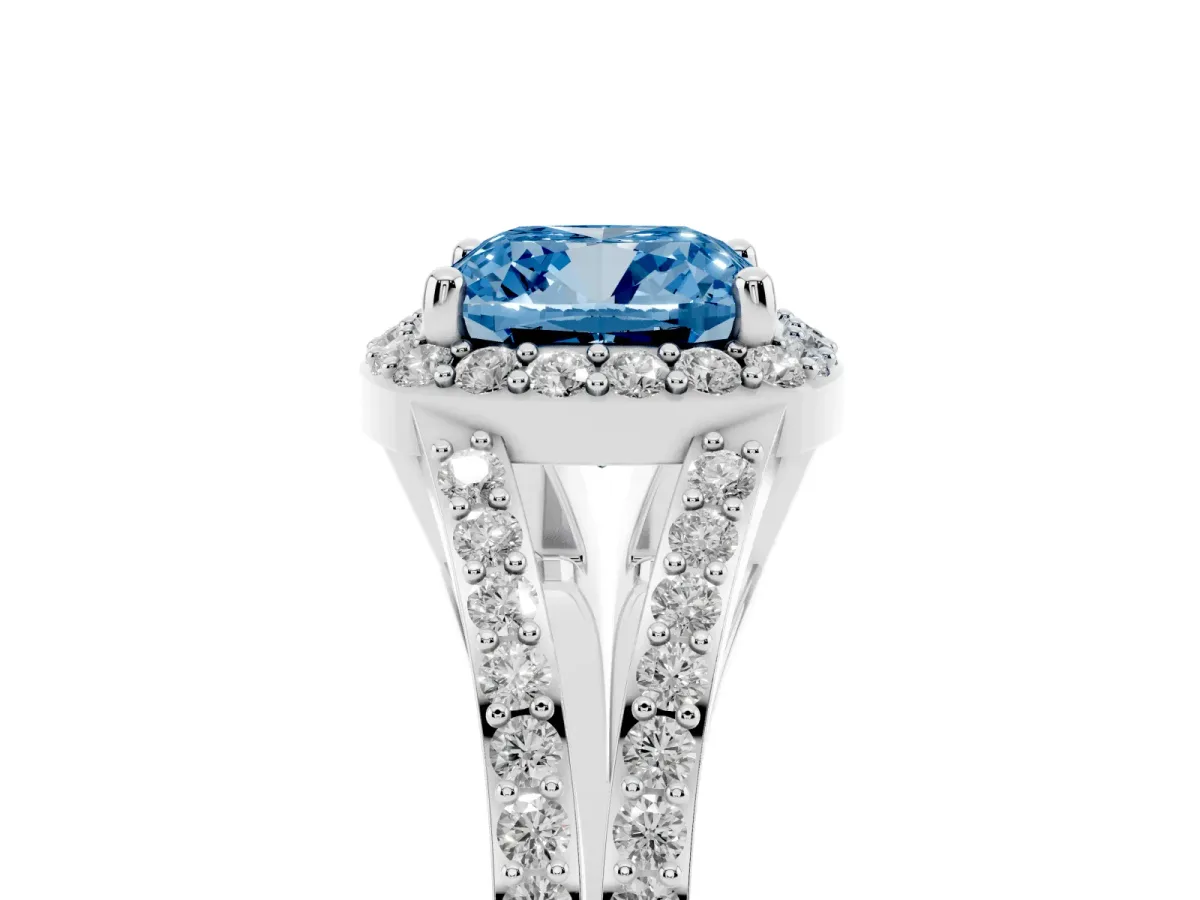 Fancy Blue Cushion Cut Halo Split Shank Diamond Ring with Prong Setting Silver