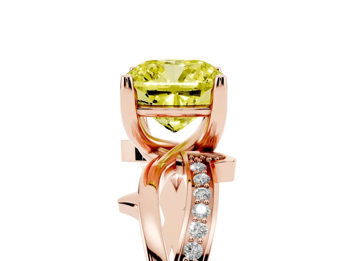 Fancy Yellow Cushion Cut Solitaire Twist Band with Pavé Accents and Four-Prong Setting Rose gold