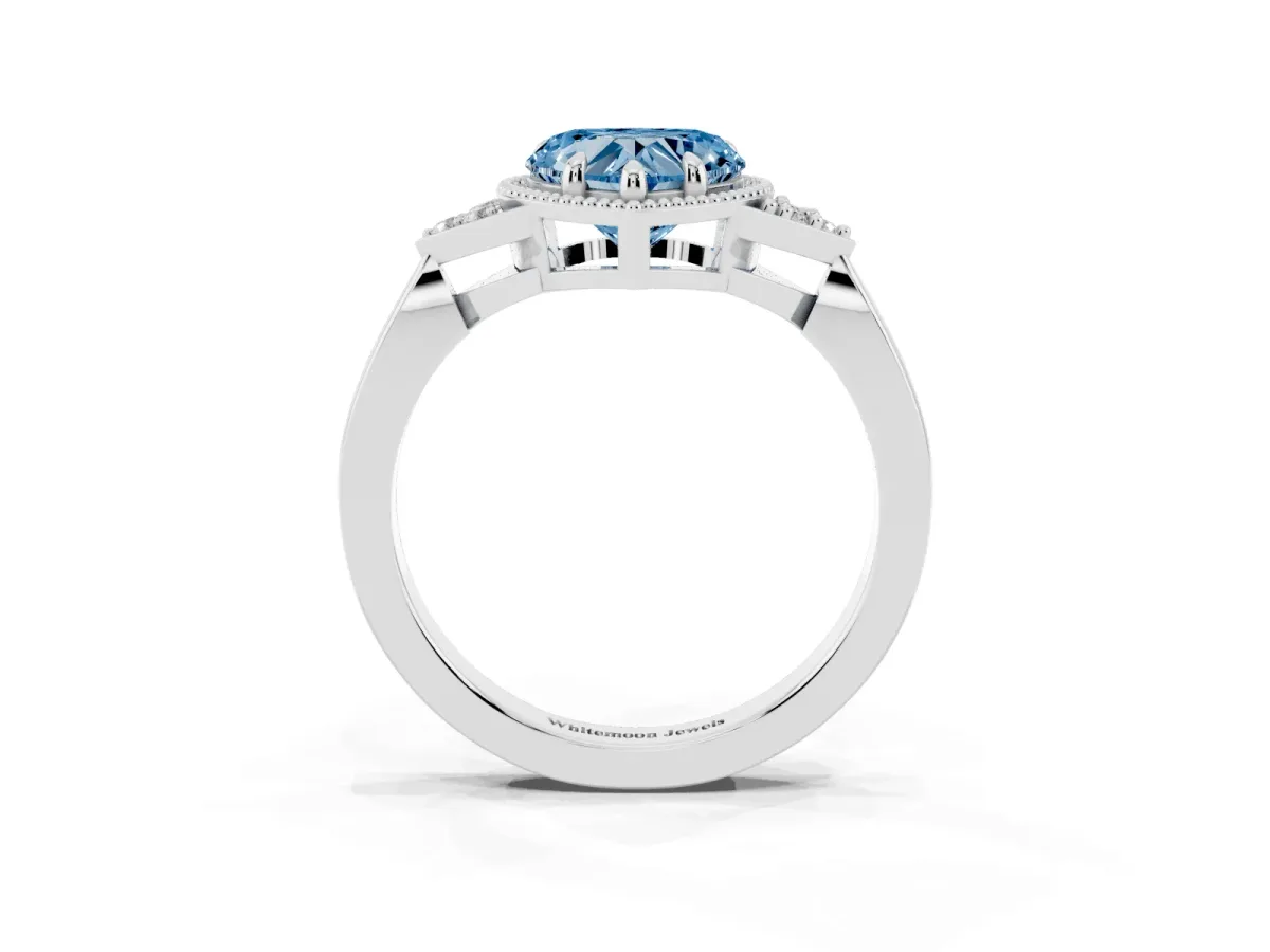 Fancy Blue Hexagonal Halo Heart Cut Diamond Solitaire with Pavé Band and Four-Prong Setting Silver