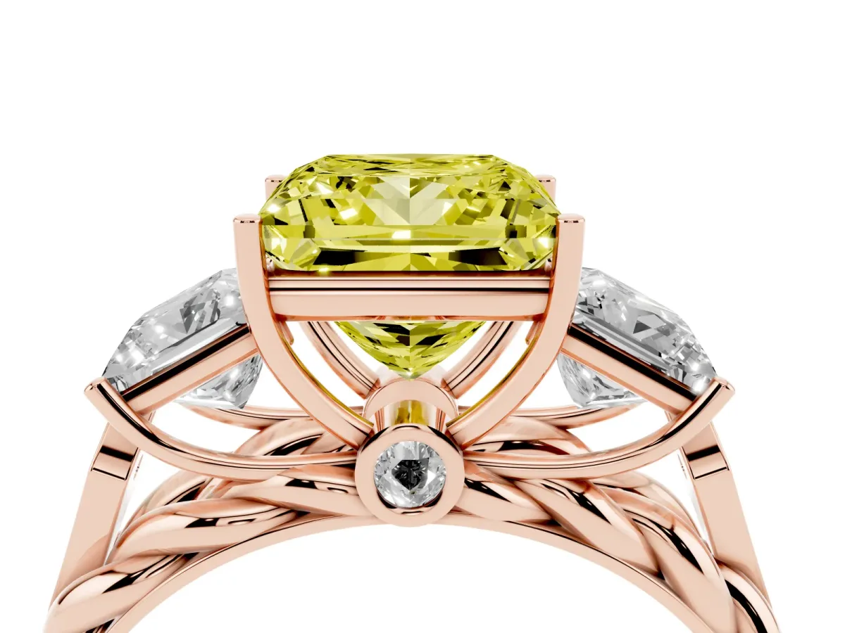 Fancy Yellow Three-Stone Princess Cut Diamond Braided Band Ring with Four-Prong Setting Rose gold