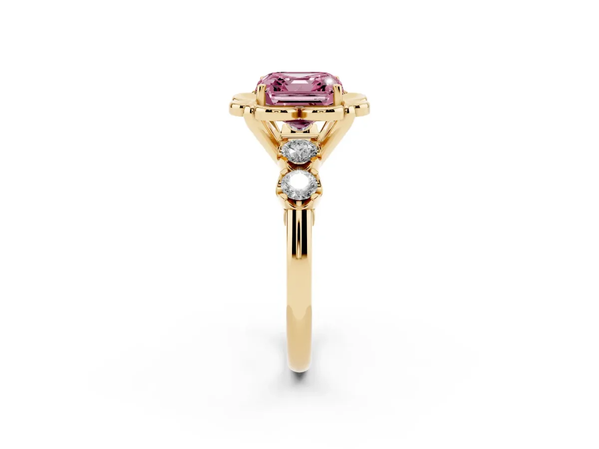 Fancy Pink Asscher Cut Cut Diamond Floral Halo Engagement Ring with Shared Prong Setting Yellow gold