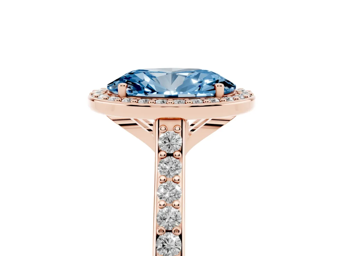 Fancy Blue Oval Cut Diamond Halo Engagement Ring with Round Pavé Shoulders and Prong Setting Rose gold