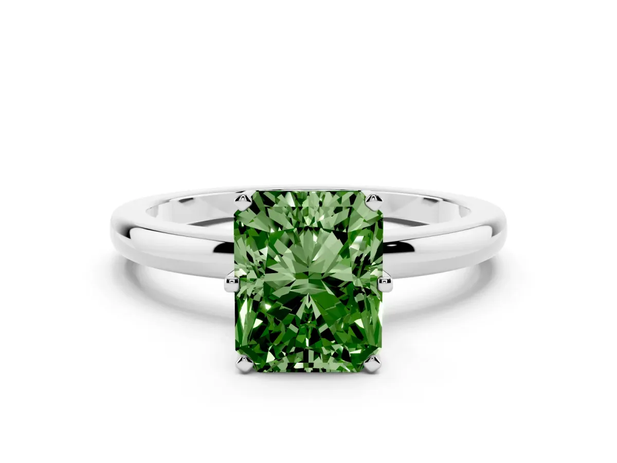 Fancy Green Radiant Cut Solitaire Diamond Ring with Six-Prong Setting on a Classic Band Silver