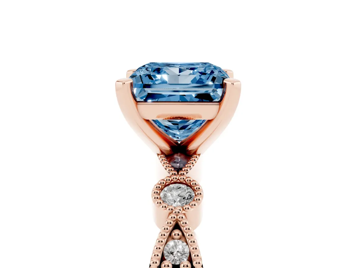 Fancy Blue Princess Cut Milgrain Bezel Diamond Engagement Ring with Solitaire Prong Setting Rose gold