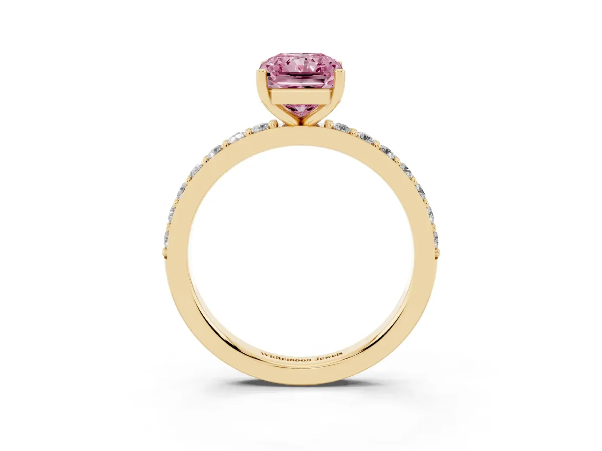 Fancy Pink Radiant Cut Cut Diamond Solitaire with Pave Band and Four-Prong Setting Yellow gold