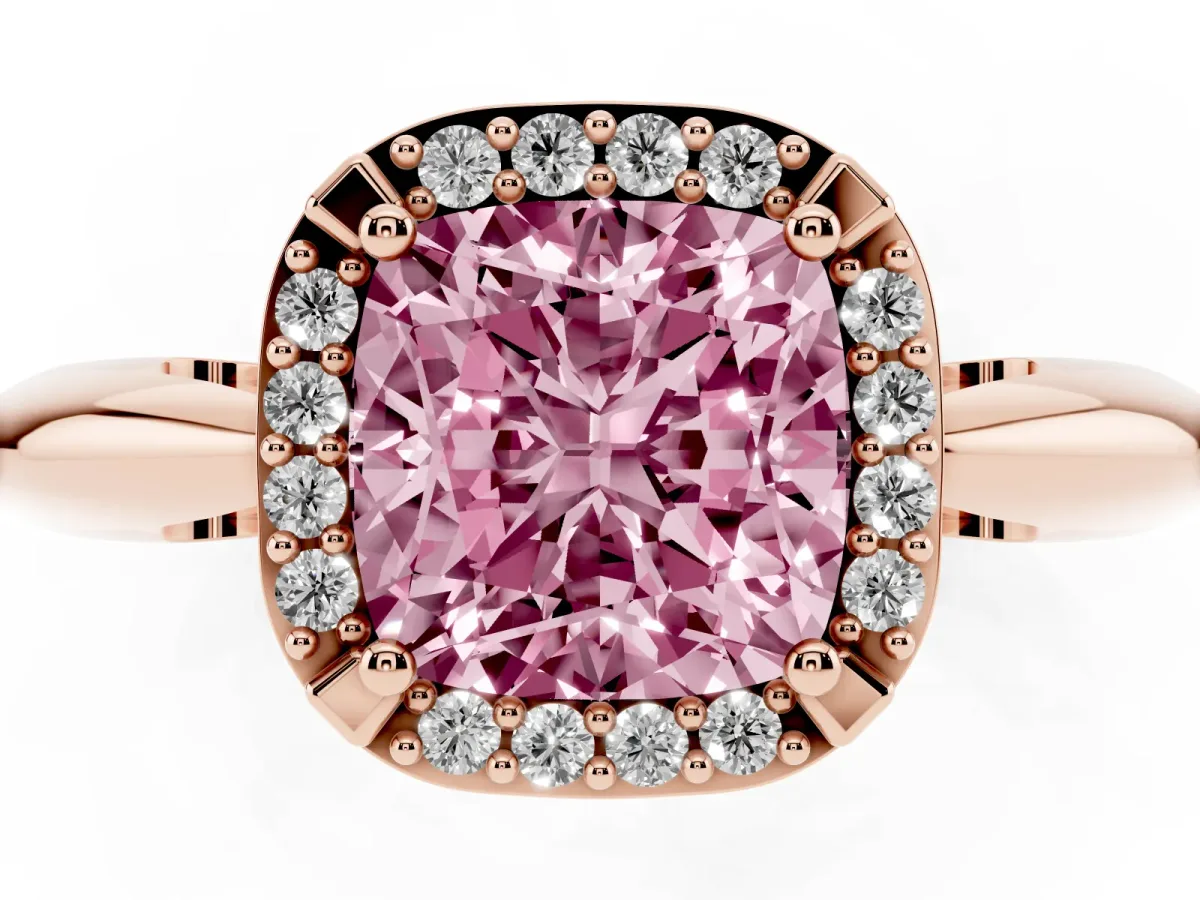 Fancy Pink Cushion Cut Cut Diamond Halo Engagement Ring with Split Shank and Four-Prong Setting Rose gold