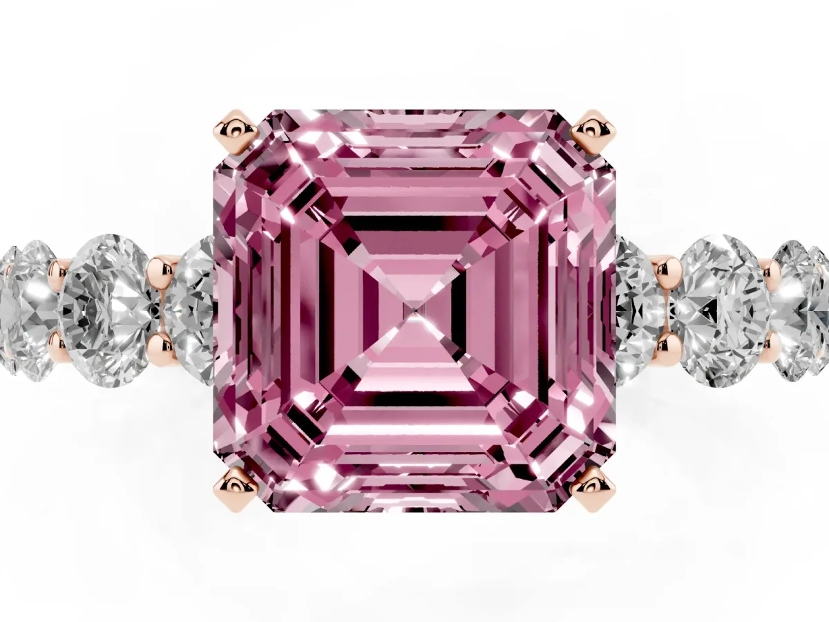 Fancy Pink Asscher Cut Diamond Prong Setting with Side Stones on a Pave Band Rose gold
