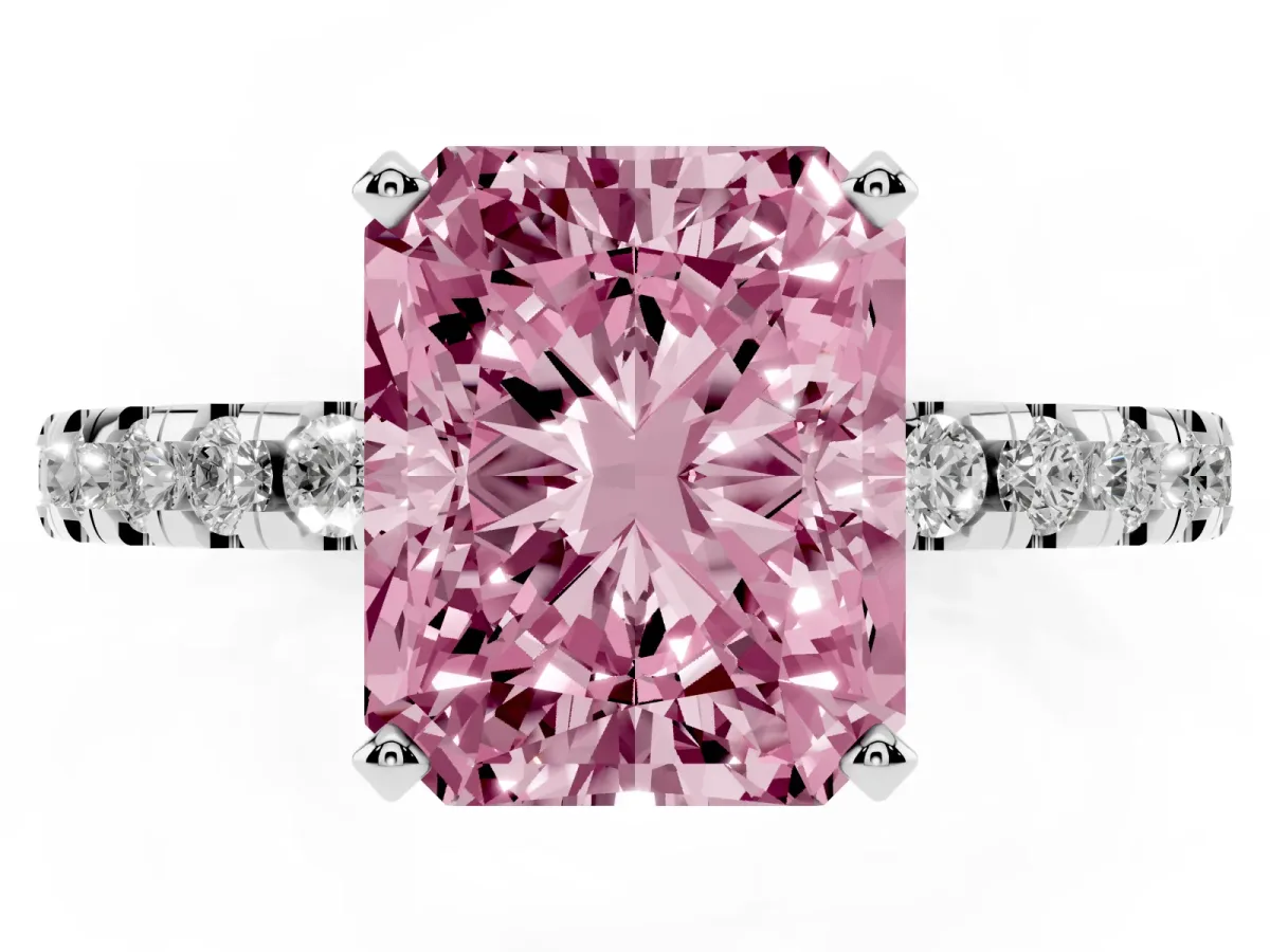 Fancy Pink Radiant Cut Diamond Solitaire Ring with Round Pavé Band and Four-Prong Setting Silver