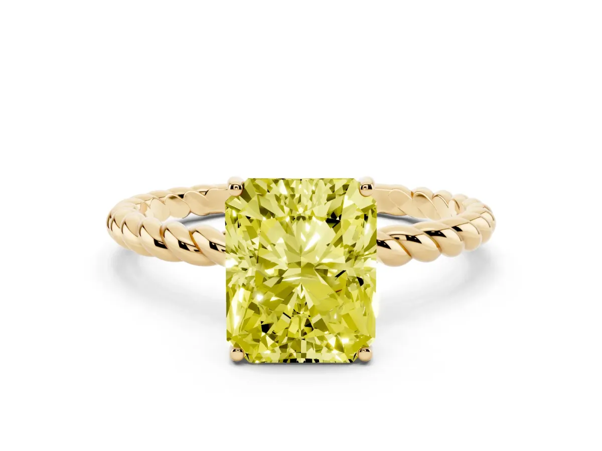 Fancy Yellow Radiant Cut Solitaire Twist Band Ring with Four-Prong Setting Yellow gold