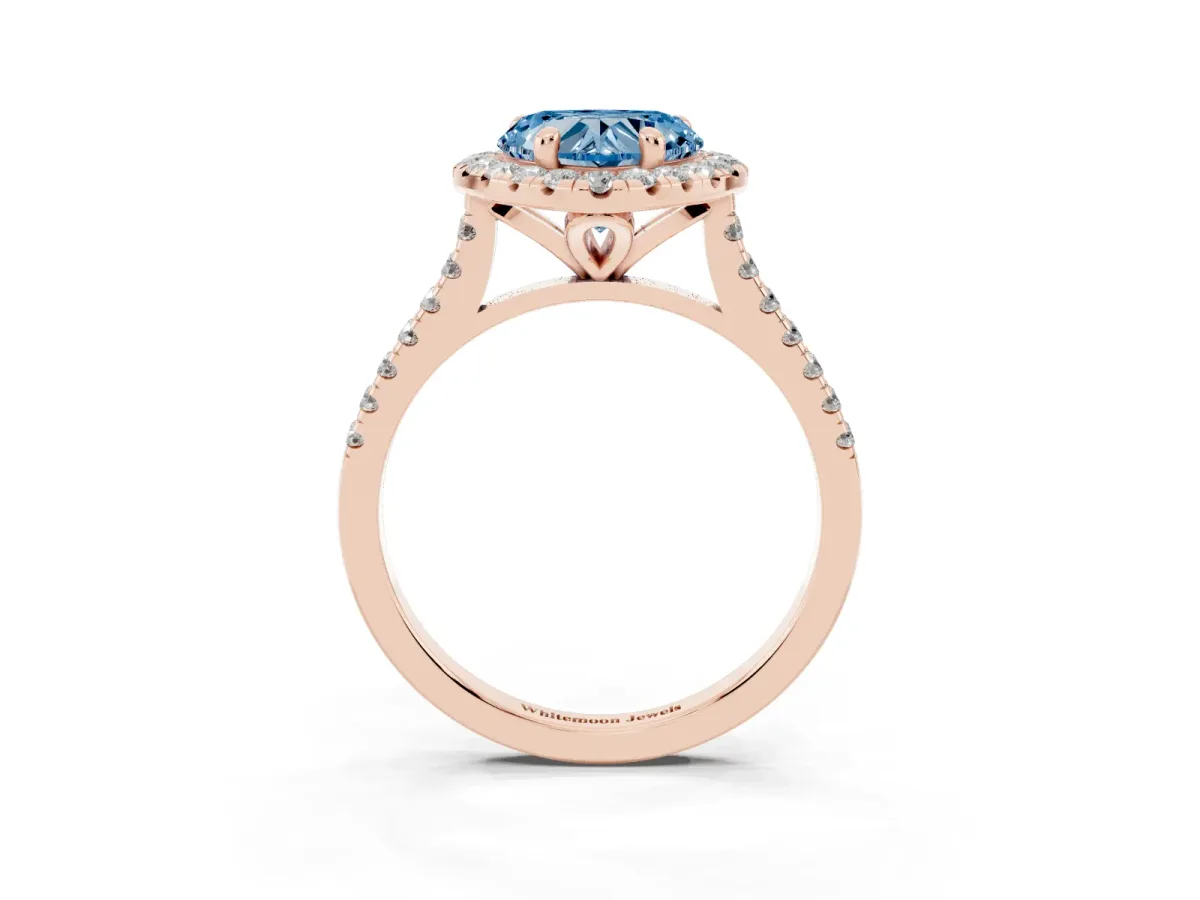 Fancy Blue Heart Cut Diamond Cushion Halo Ring with Pavé Band Rose gold