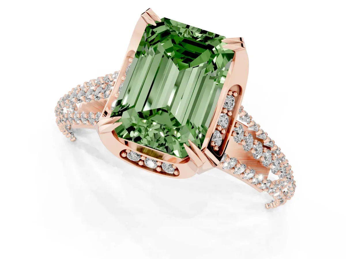 Fancy Green Emerald Cut Solitaire Pave Split Shank Ring with Four-Prong Setting Rose gold