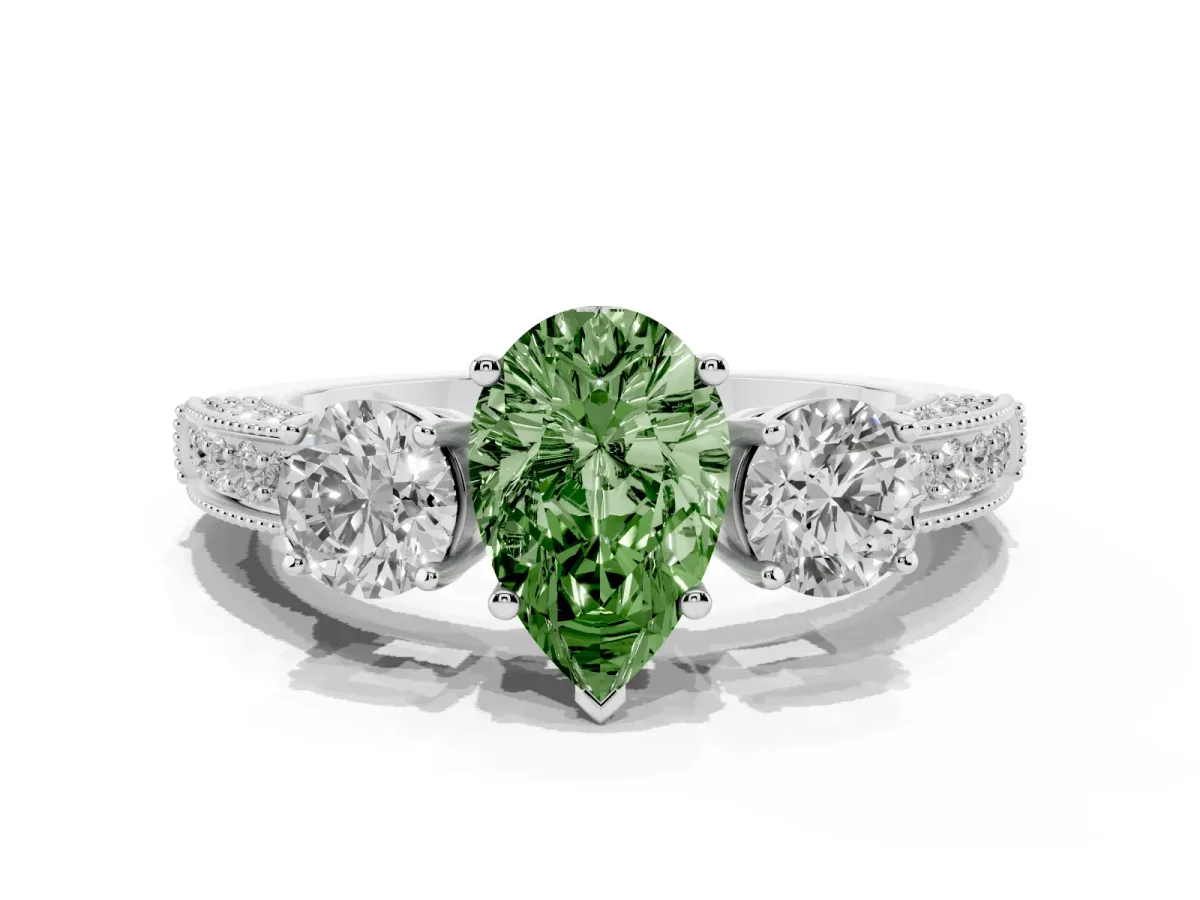 Fancy Green Pear Cut Three-Stone Diamond Ring with Pavé Band and Four-Prong Setting Silver
