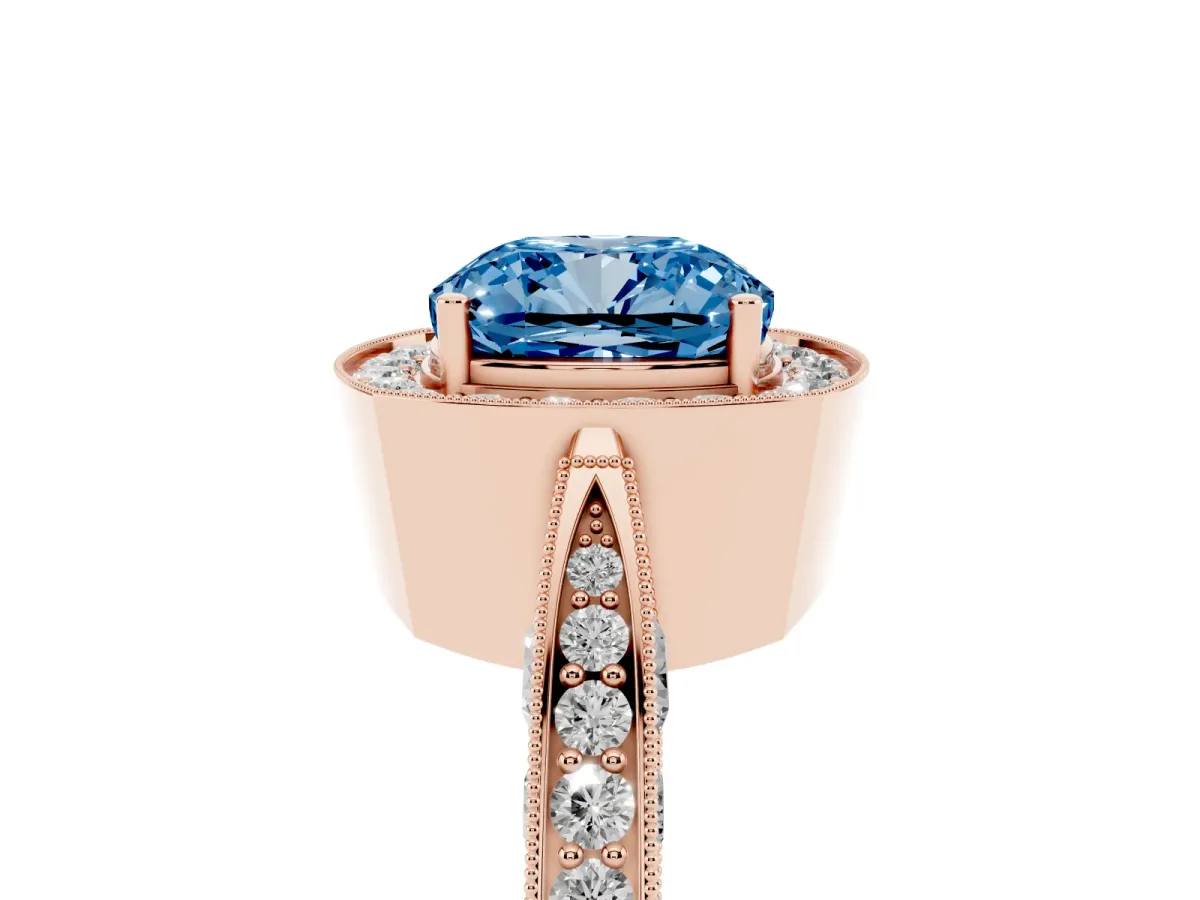 Fancy Blue Cushion Cut Halo Diamond Engagement Ring with Split Shank Band and Four-Prong Setting Rose gold