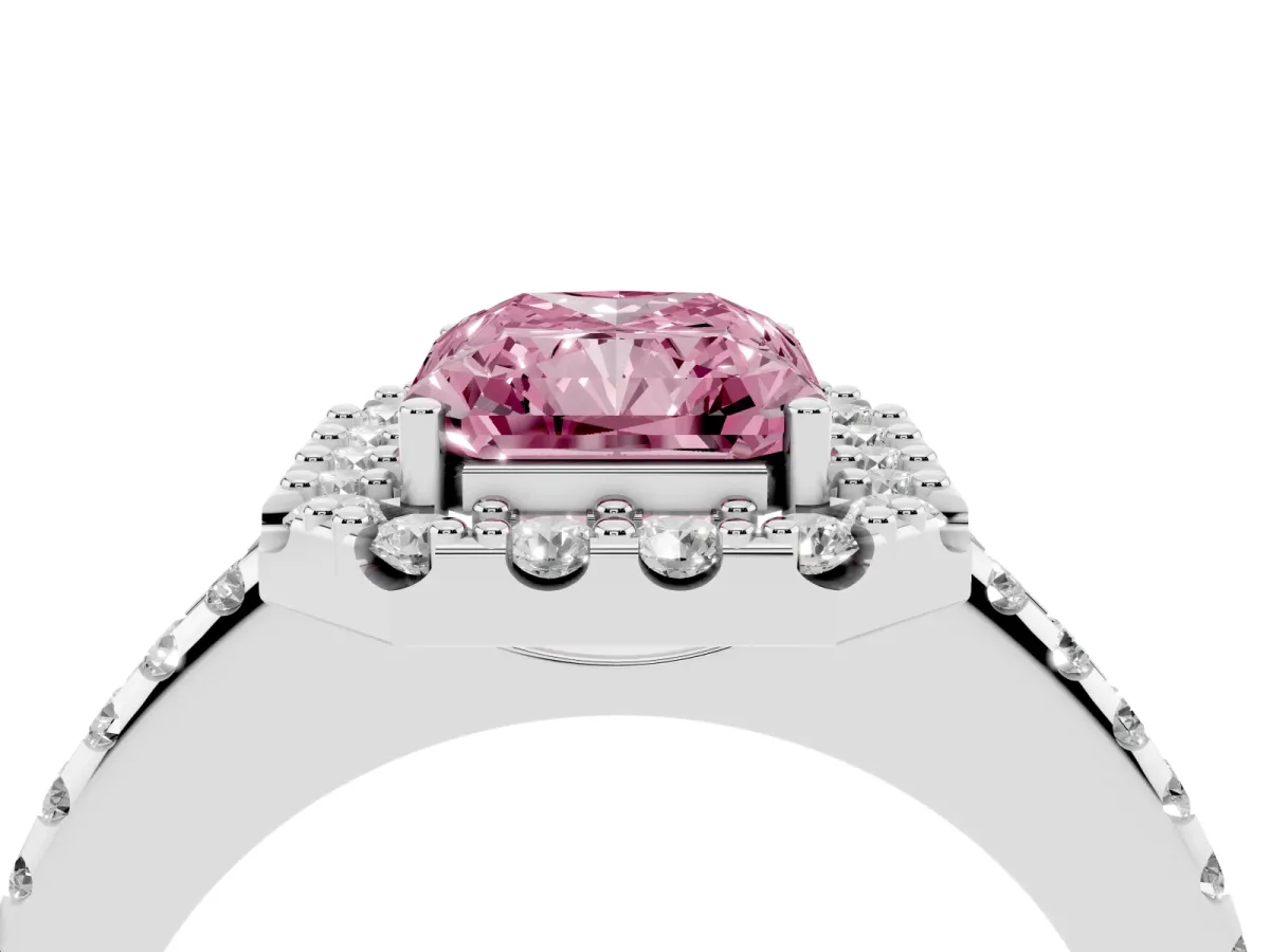 Fancy Pink Radiant Cut Diamond Pavé Halo Ring with Four-Prong Setting Silver