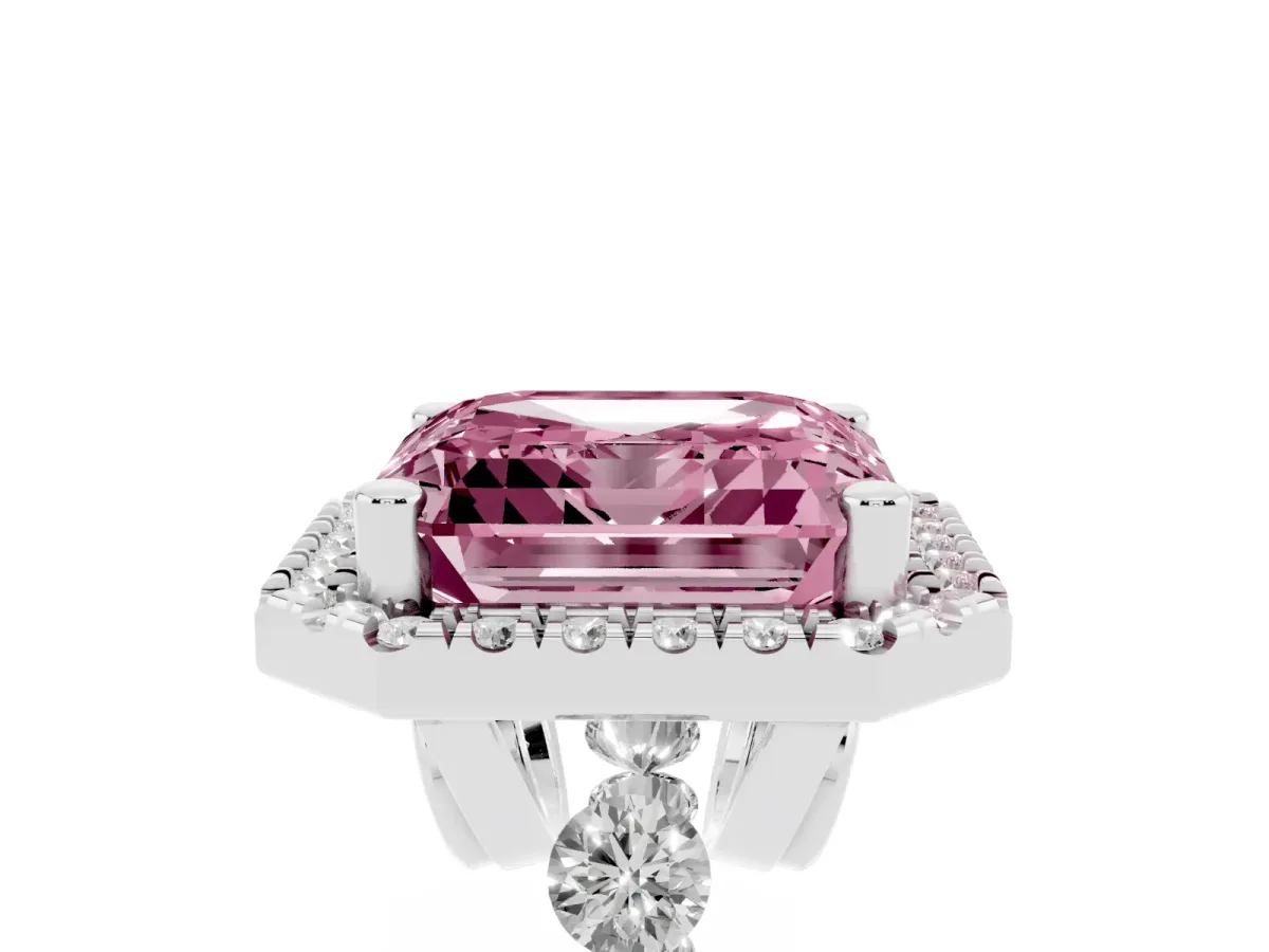 Fancy Pink Asscher Cut Halo Pavé Diamond Engagement Ring with Four-Prong Setting Platinum