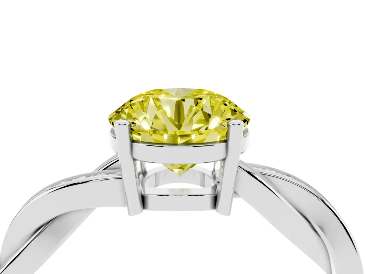 Fancy Yellow Round Cut Solitaire Twisted Pave Diamond Ring with Four-Prong Setting White gold