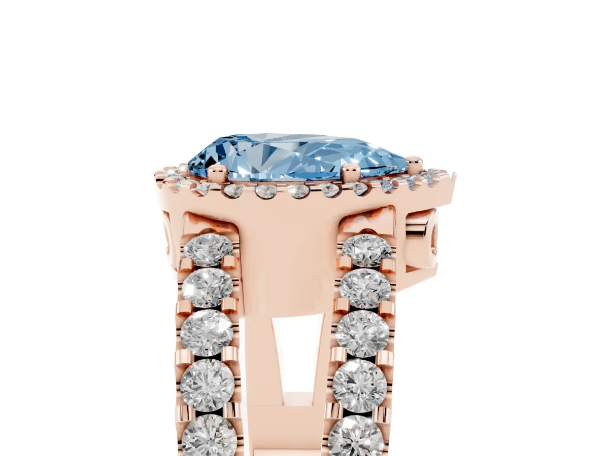 Fancy Blue Pear Cut Cut Halo Split Shank Diamond Ring with Four-Prong Setting Rose gold
