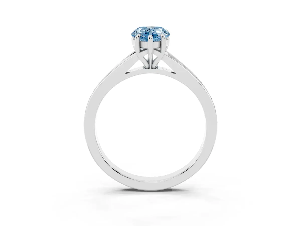 Fancy Blue Pear Cut Diamond Solitaire Ring with Pavé Band and Prong Setting Silver