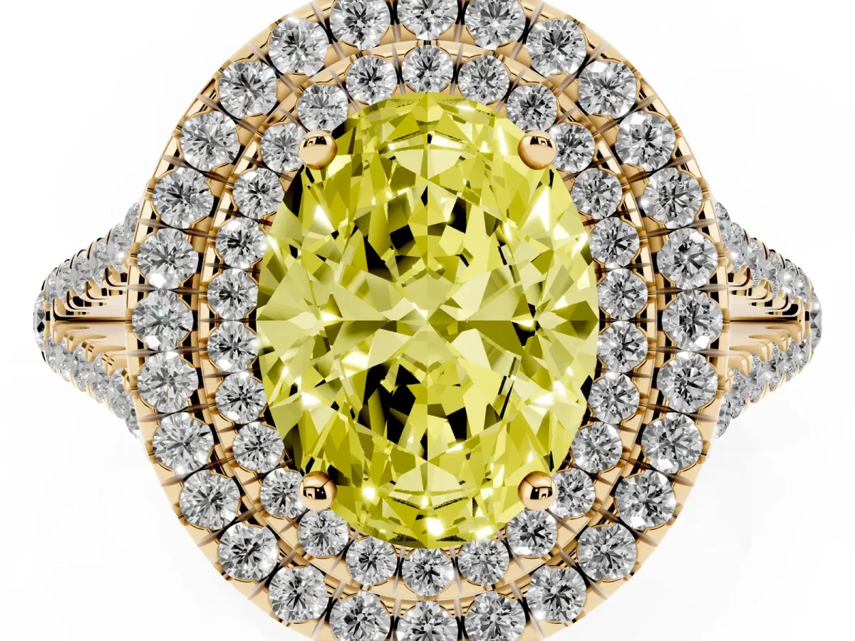 Fancy Yellow Oval Cut Diamond Double Halo Ring with Pavé Band and Prong Setting Yellow gold