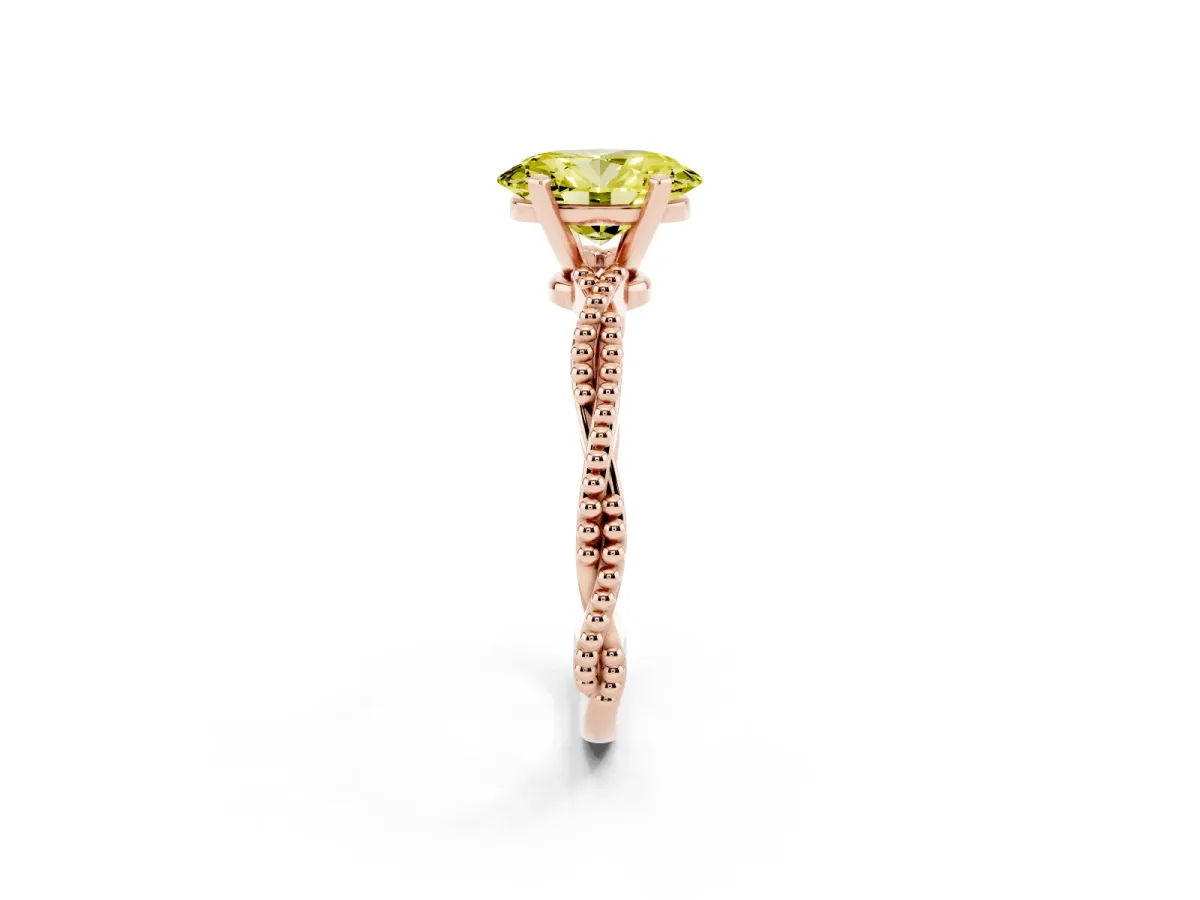 Fancy Yellow Oval Cut Solitaire Twisted Band with Bead Prong Setting Rose gold
