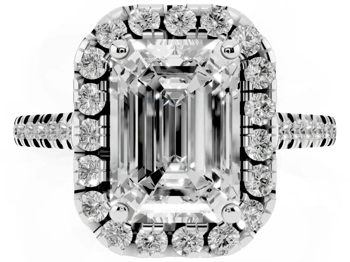 Emerald Cut Diamond Cushion Halo Ring with Pavé Band Silver