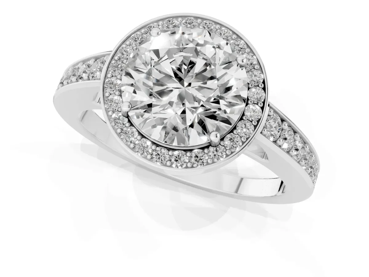 Round Cut Halo Pavé Diamond Engagement Ring with Bezel Setting White gold