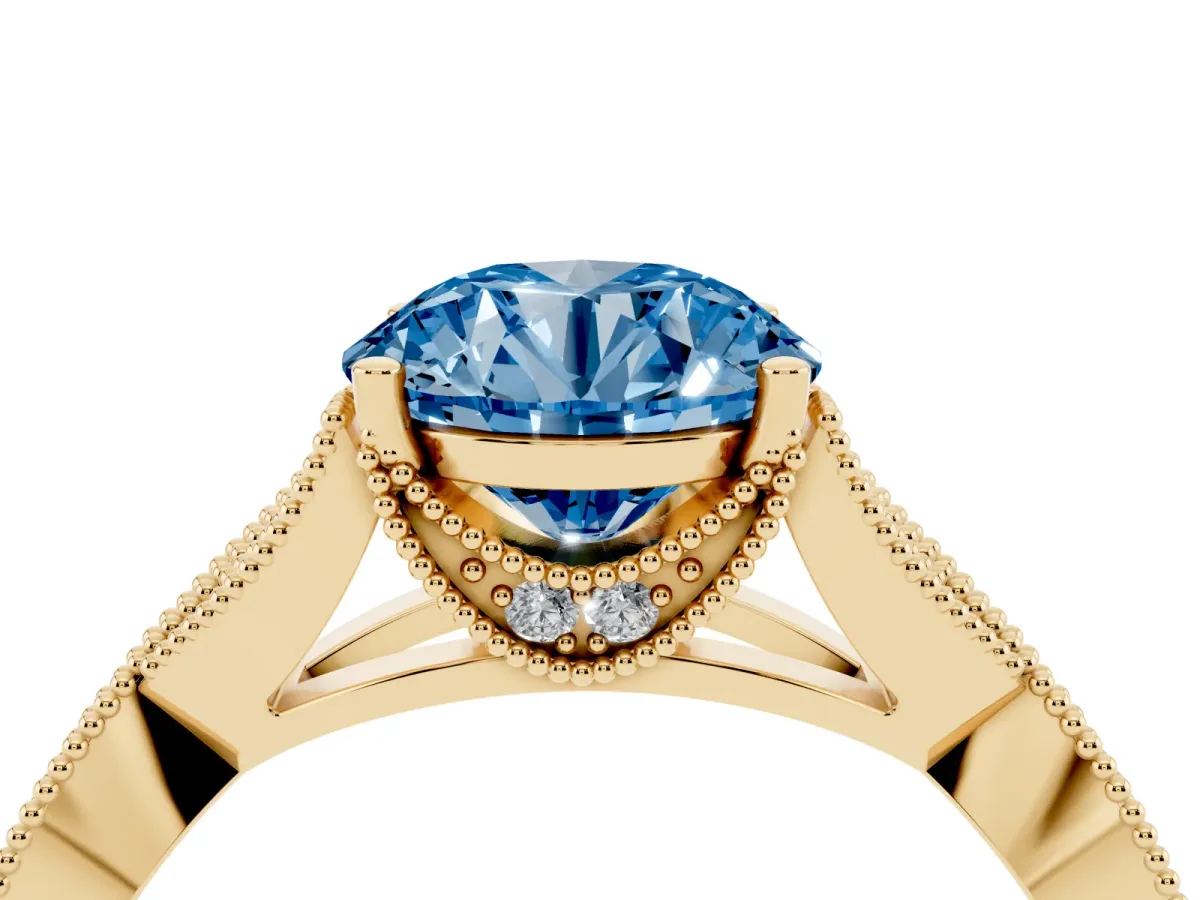 Fancy Blue Round Cut Cut Diamond Twisted Band with Milgrain Pave Setting and Four-Prong Setting Yellow gold
