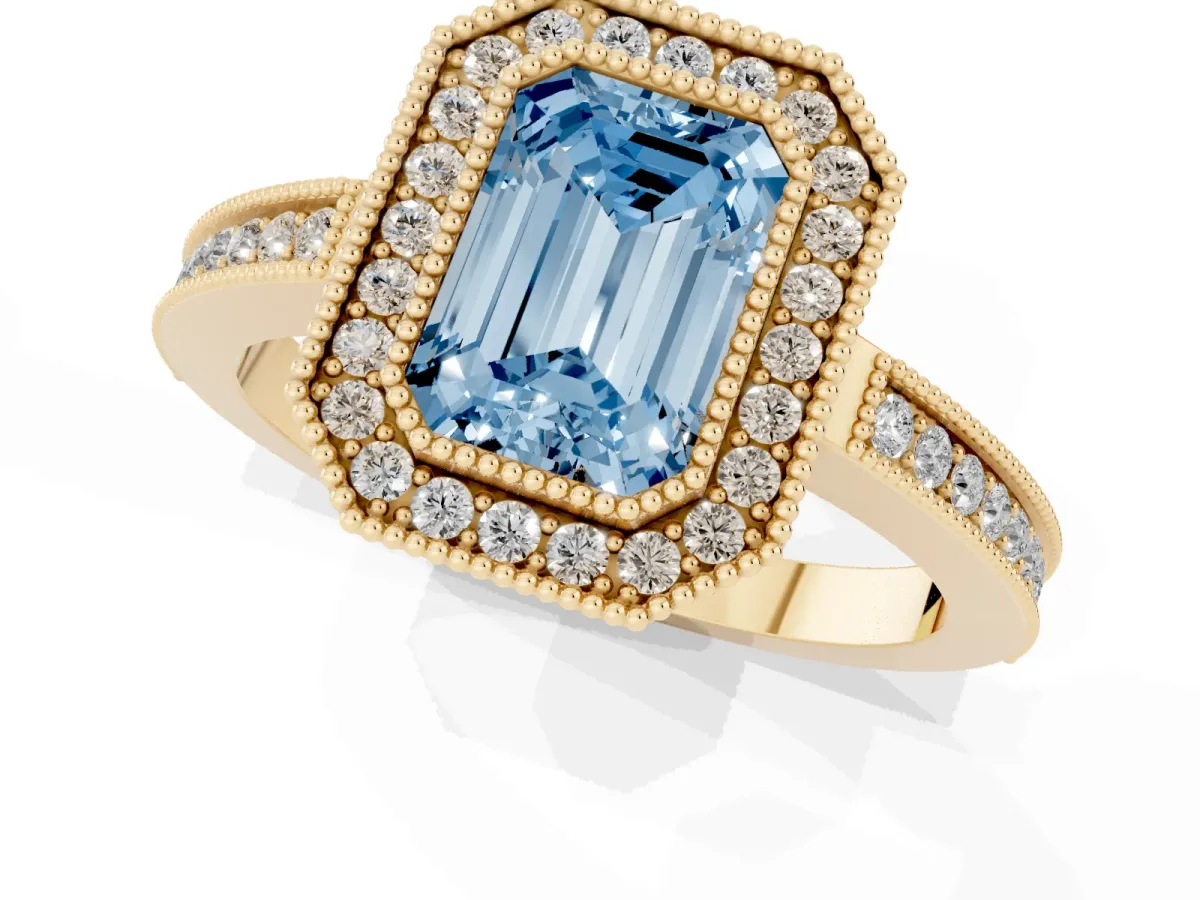 Fancy Blue Emerald Cut Cut Halo Diamond Ring with Pavé Band and Milgrain Prong Setting Yellow gold