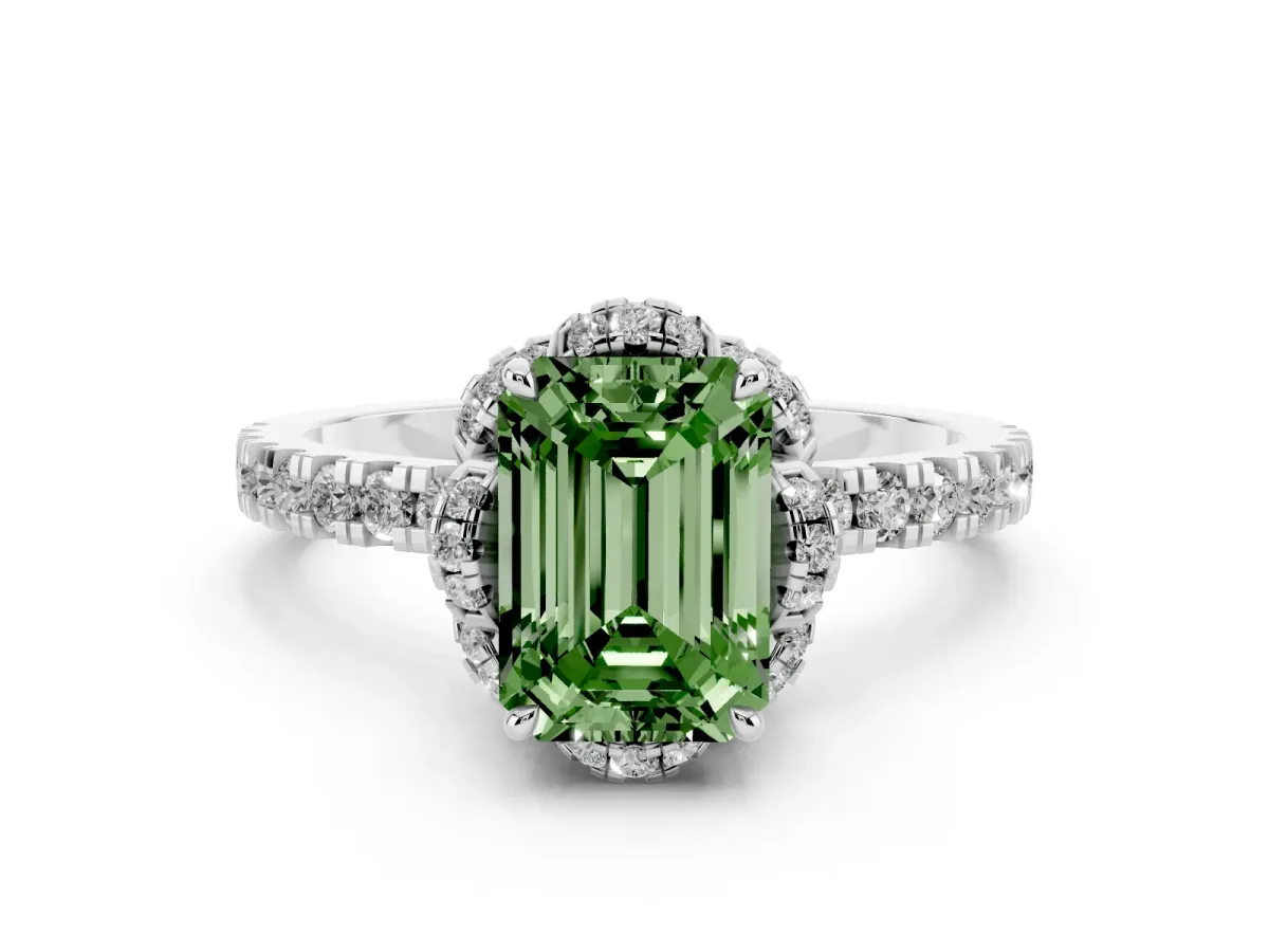 Fancy Green Emerald Cut Diamond Halo Pave Band with Four-Prong Setting Silver