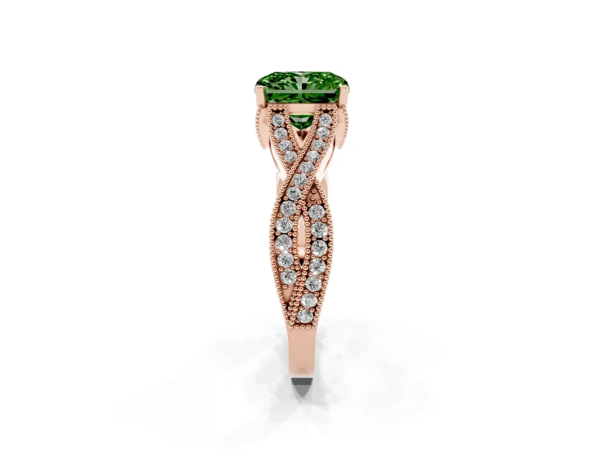 Fancy Green Radiant Cut Cut Diamond Twisted Band with Milgrain Pave Setting and Four-Prong Setting Rose gold