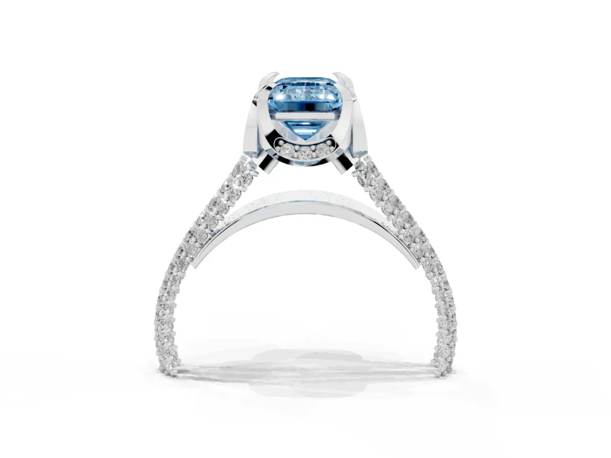 Fancy Blue Emerald Cut Solitaire Pave Split Shank Ring with Four-Prong Setting Platinum