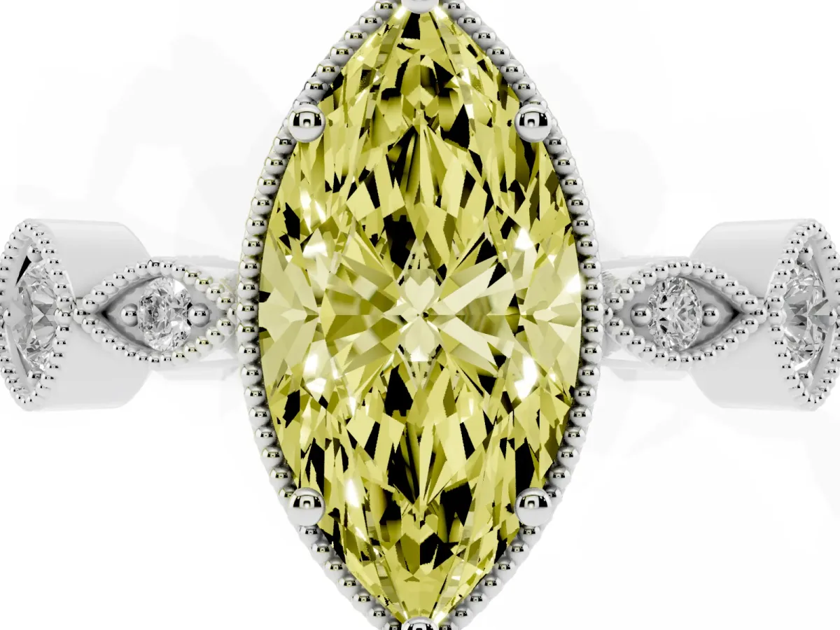 Fancy Yellow Marquise Cut Diamond Vintage Milgrain Ring with Round Stations Silver