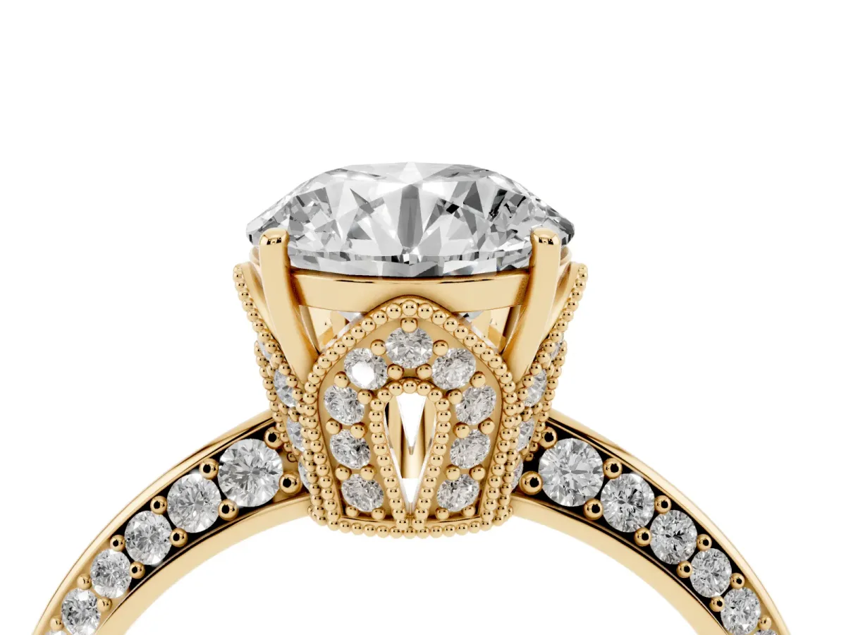 Round Cut Solitaire Split Shank Pave Diamond Engagement Ring with Four-Prong Setting Yellow gold