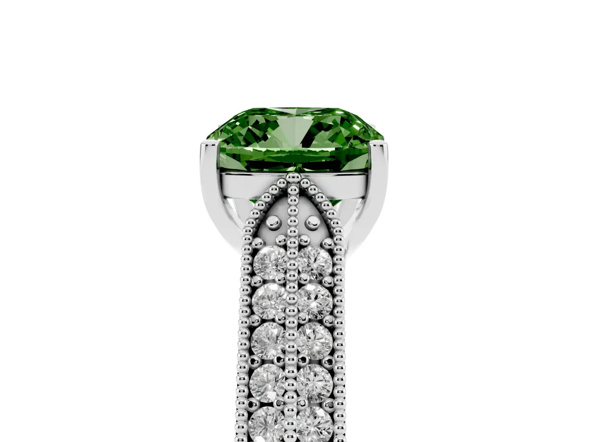 Fancy Green Cushion Cut Cut Pave Split Shank Engagement Ring with Four-Prong Setting Silver