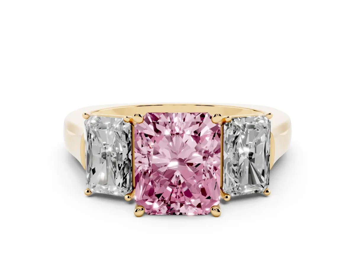 Fancy Pink Three-Stone Radiant Cut Brilliant Diamond Trellis Ring with Comfort Fit Band Yellow gold